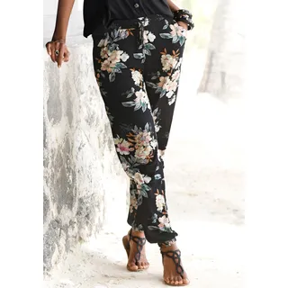 Strandhose LASCANA Gr. 40, N-Gr, schwarz (schwarz, bedruckt) Damen Hosen Strandhosen mit Blumendruck und Taschen, Jerseyhose, Sommerhose