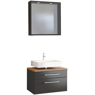 Spiegel und Waschtischschrank modern dunkel Grau und Wildeiche Dekor (zweiteilig)