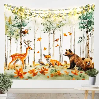 Loussiesd Tier Wandteppich 130x150cm Hirsch Wandtuch für Kinder Mädchen Jungs Fuchs Wandbehang Bär Wandtuch Zimmer Dekor Wald Tapisserie