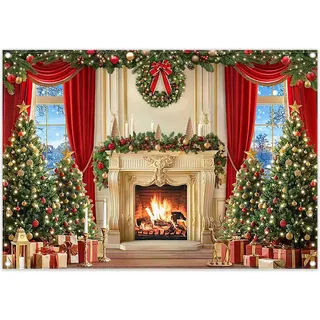 Luminora 2,1x1,5m Weihnachts weißer Kamin Hintergrund Winter rote | Polyestergewebe, vorhänge bäume kranz geschenke deko foto banner props, Dekorative Outdoor Fotokulisse