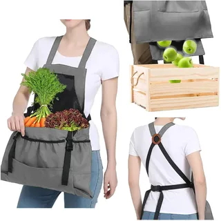 WOOXGEHM Gartenschürze, Obstpflückschürze mit Schnellverschlusstasche, Gemüseernte Apfelbeeren Gartenpflücktasche, Gartenschürze für Männer und Frauen, Gärtnergeschenk(Grau)