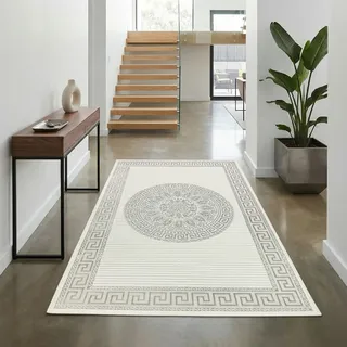 Teppich-Traum Teppich modern Orient Wohnzimmer Kurzflor Flur Diele Läufer kurz orientalisch elegant glänzend Creme grau 80x150 cm