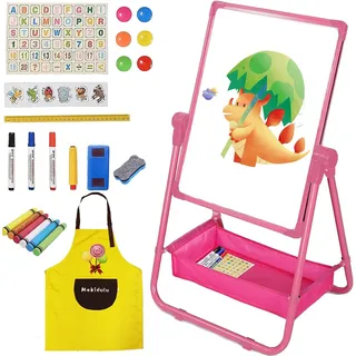 Tafel kinder,Mit Schürze, Alphabet Cartoon,Doppelseitige Magnettafel Maltafel Schreibtafel Kinder,Um 360° drehbar,63-107cm Hoch Verstellbar, Geschenk mädchen 3 4 5 7 8 jahre(Rosa)