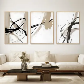 Abstrakte Leinwand-Kunst, Schwarz und Beige, neutrale abstrakte Drucke, abstrakte minimalistische Malerei, abstrakte Linienkunst, Poster, braunes, schwarzes und beigefarbenes Bild, neutrales Kunstwerk