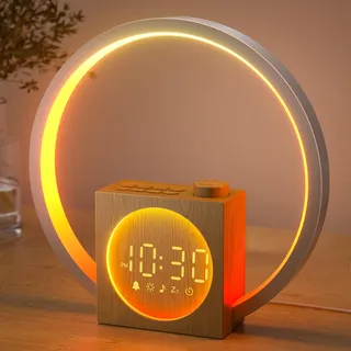 LIORQUE Tageslichtwecker Lichtwecker, Sonnenaufgang Simulation, Holzdesign | Sonnenaufgang 60min Sonnenuntergang, 30 Klange 32 Lautstarken, Lampe mehrfarbig, Timer 10-480min, Netzteil Inklusive
