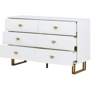 OKWISH Sideboard- und Spiegel-Set Weiß-Gold 120x40x75 cm + 80x80 cm, 6 Schubladen, goldene Akzente, elegantes Möbelset für Flur, Schlafzimmer oder Wohnzimmer