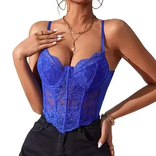 Haibang Damen Crop Top Spitze Sexy Spaghetti Bauchfrei Oberteile V-Ausschnitt Bralette Spitzen Corset Korsett Slim Fit Camisole Spitzentop Sommer Cami Tank Top - S