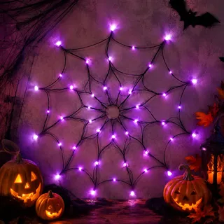 Mavouri Halloween Spinnennetz Lichterkette, 50cm 30LED, Lila, Halloweendeko | Spinnennetz Netzlicht Lichter für Halloween, Partys, Fenster, Bäume, Wanddeko, Dächer, Garten, Outdoor, Indoor