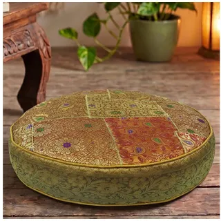 Guru-Shop Sitzkissen Orientalisches rundes Patchwork Kissen 40 cm,.. gelb|goldfarben
