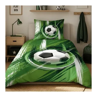 MTOnlinehandel Bettwäsche Fußball in 135x200 + 80x80 cm • Geschenkidee für Kinder, Mikrofaser, 2 teilig, Wende-Motiv • Fußball grün