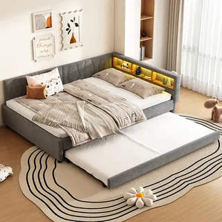 FAVSH Tagesbett 140x200 cm mit Ausziehbett und Ablagefach am Bett, Polsterbett mit LED-Beleuchtung, USB-C-Ladefunktion und Stauraum für Jugendliche und Erwachsene, Leinenstoff, Grau (ohne Matratze)
