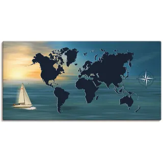 Wandbild ARTLAND "Weltumsegelung mit Weltkarte" Bilder Gr. B/H: 150 cm x 75 cm, Leinwandbild Landkarten, 1 St., blau Kunstdrucke als Leinwandbild, Poster in verschied. Größen