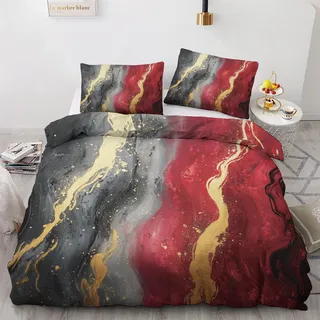 Generisch Bettwäsche 135x200 Marmor Motiv - Schwarz-Rot-Gold Bettbezug und 1 Kissenbezug 80x80, Weiche Bügelfreie Mikrofaser Deckenbezug 2er Set mit Reißverschluss, Wendebettwäsche & Deko M&-7641