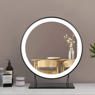 XUANYU Groß Runde Schminkspiegel mit Beleuchtung mit Metallrahmen Beweglich Tischspiegel Standspiegel, Eine Vielzahl von Spezifikationen (Schwarz, Kaltweiß Licht, 50cm)
