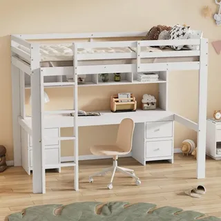 Hochbett Kinderbetten Oberbett Couchtisch Großer Stauraum Hohes Treppengeländer Stabile Treppe Weiß 90x200 Cm