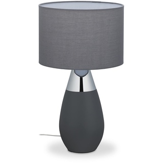 Relaxdays Nachttischlampe Touch dimmbar, 3 Stufen, E14, HxD: 48,5 x 28 cm, modern, Touch Lampe mit Schirm, grau/silber