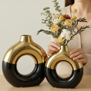 Donut-Vase Schwarz-Gold – Keramikvase mit Loch, Moderne Runde Vasen für Pampasgras, Couchtisch & Regal | Minimalistische Dekoration, Esstisch-Deko, Kaminsims & Wohnzimmer