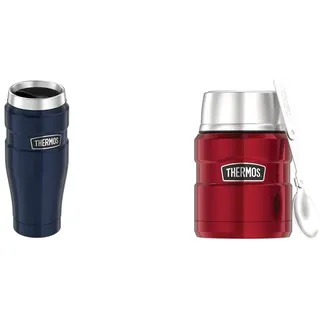 Thermos Thermobecher Stainless King, Kaffeebecher to go Edelstahl blau 470ml & Thermobehälter für Essen groß Lunchpot Stainless King, Edelstahl rot 470ml
