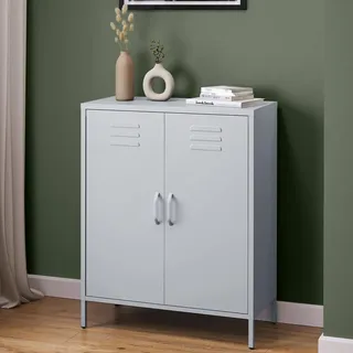 skølm Atria Metall Kommode – Sideboard in Hellgrau – Metallschrank mit 3 Fächern & Doppeltüren – Mehrzweckschrank mit flexiblen Einlegeböden – Industrial Highboard – Aufbewahrungsschrank/Flurschrank