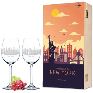 GRAVURZEILE Leonardo Weingläser mit Skyline New York Gravur als Set inkl. bedruckter Holzkiste Weingeschenk - Souvenir Andenken & Mitbringsel - Geburtstagsgeschenk für Sie & Ihn