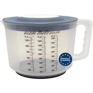 mucHome 3in1 Messbecher 2L Rührbecher mit Spritzschutz, Verschlussdeckel und Ausgießer - Rührschüssel aus Kunststoff mit gummierter Boden zum Kochen und Backen - Qualitätsprodukt aus Europa (Blau)