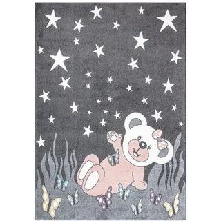 Carpet City Teppich Kinderzimmer Teddy-Bär - Grau, Rosa - 120x160 cm, - Kinderteppich, Kurzflor mit Sternen, Schmetterlingen - Weicher Flor