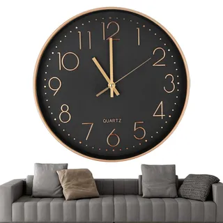 Chedin 30cm Modern Rund Wanduhr Ohne Tickgeräusche, Kinder, Groß, Lautlos Uhrwerk (Gold/Schwarz)
