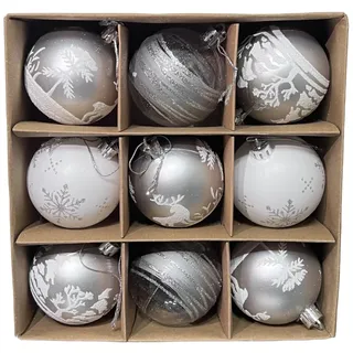 9er Set edle Weihnachtskugeln Ø 6cm Weihnachtsbaum Kugeln Christbaumkugeln Weihnachts-Deko Christbaum-Schmuck (Weiß/Silber)