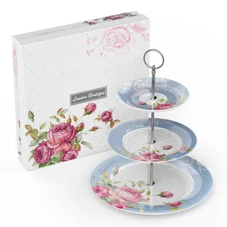 London Boutique Tortenständer 3 Etagen Nachmittagstee Kuchenständer Teller New Bone China Vintage Flora für Teeparty High Tee zu Hause Geschenk für sie (blau)