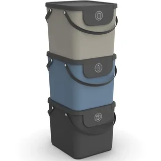 Rotho Albula Mülleimer Küche 3 x 40 L Mülleimer 3 Fächer stapelbar 3er Set | Papierkorb, Abfalleimer Küche, Mülleimer Büro, Mülleimer mit Deckel, schwenkbar zu öffnen, aus recyceltem Kunststoff