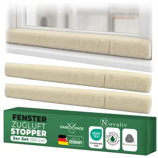 Zugluftstopper für Fenster 100cm Natur Schurwolle – stoppt Zugluft & Kälte, dämpft Lärm/Staub/Licht, rutscharm, ohne Bohren; für Fensterbank/Rahmen, Spalt abdichten, Innenbereich, 3er-Set