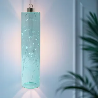 Led Glas Pendelleuchte Petrol Blau Mit Timer - 24 X 6 Cm - Deko Hängelampe Batterie Betrieben Warm Weiß Beleuchtet