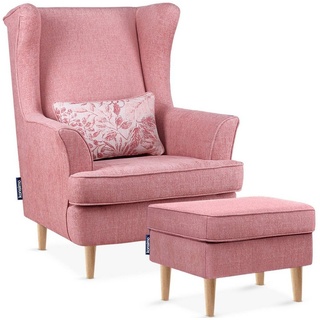 Konsimo Ohrensessel STRALIS Sessel mit Hocker, zeitloses Design, hohe Füße, inklusive dekorativem Kissen rosa