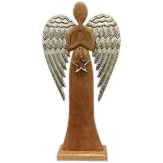 X-Mas Dekoengel, Braun, Silber, Holz, Metall, Mangoholz, massiv, Weihnachten, Engel, 12x27x5 cm, Handmade in India, handgemacht, zum Stellen, Dekoration, Weihnachtsdekoration, Winterdeko