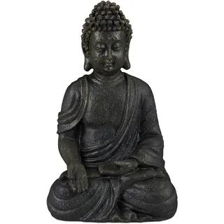 Relaxdays Buddha Figur sitzend, 30 cm, Gartenfigur, Dekofigur Wohnzimmer, Polyresin, wetterfest, frostsicher, dunkelgrau