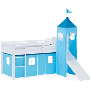 Homestyle4u Hochbett mit Rutsche 90 x 200 cm Kiefer massiv blau-weiß