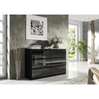 Kommode 120 cm Schwarz mit Hochglanz-Fronten mit 6 Schubladen Sideboard