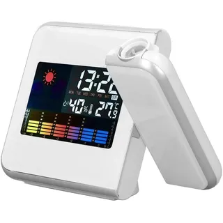 Projektionswecker mit Außensensor, Innen-Außen-Thermometer, Drahtlose Temperatur- und Luftfeuchtigkeitsüberwachung und Wettervorhersage für Schlafzimmer, öffentliche Orte(Weiß ohne Verkabelung)