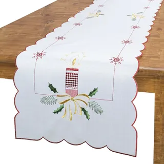 WEIHNACHTEN - TISCHLÄUFER WEIß - KERZENGESTECK - WINTER - BESTICKT - 35x140cm