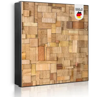 banjado Schlüsselkasten aus Metall mit Motiv Hölzernes Flickwerk (Stahl Gehäuse, mit 32 Haken, beschreibbar & magnetisch), 30 x 30 x 5 cm schwarz