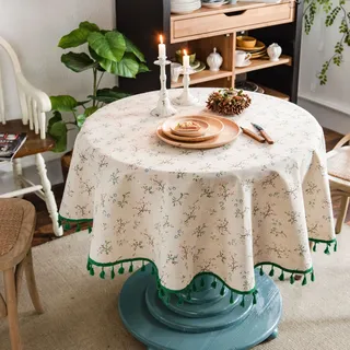 Runde Tischdecke Aus Leinen Und Baumwolle Mit Blumendruck, Waschbare Runde Tischdecke Mit Fransen, Kleine Runde Anti-flecken-tischdecke Zum Dekorieren Für Esstisch, Wohnzimmer, Picknick, 150 Cm Runde