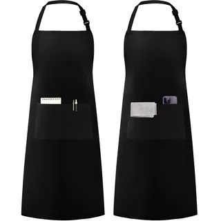 Syntus Verstellbare Latzschürze, wassertropfenresistent, mit 2 Taschen, Kochschürzen für Damen und Herren, Koch, Schwarz, 2 Stück