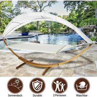 Karpal Haengematte mit Gestell und Sonnendach, Hammock aus wetterfestem Laerchenholz, bis 200kg, Stabhaengematte fuer 2 Personen Outdoor und Indoor - Weiß