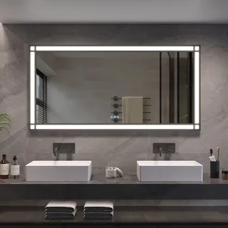AQUABATOS Groß Badspiegel mit Beleuchtung Schwarzer Rahmen Fensteroptik 140x70cm, Badezimmerspiegel Beleuchtet Beschlagfrei Led Bad Spiegel mit Touch-Schalter, 3 Lichtfarben Dimmbar
