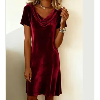 Damen Samtkleid, lässiger Swing-Kragen, einfarbig, kurze Ärmel, mittellanger Rock, elegant (2XL Weinrot)
