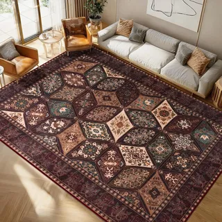 Calinline Braun Vintage Waschbarer Teppich Schlafzimmer, 80x150 cm | Kurzflor Waschbar Boho Teppich Wohnzimmer, Rutschfester Orientalischer Perserteppich, Carpet für Esszimmer Büro Küche