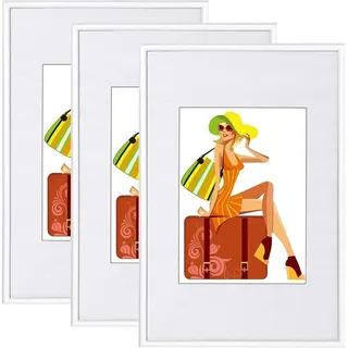 Woltu Bilderrahmen, (Set, 3 St), mit Passepartout Kunststoff Rahmen, Glasvorderseite weiß 50x70cm