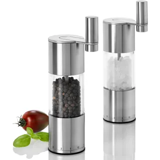 AdHoc Select Gewürzmühlen mit Kurbel | 2-er Set manuelle Salz- & Pfeffermühle mit Getriebe | 12-stufige Präzisions-Mahlgradeinstellung | Keramikmahlwerk für hartes Mahlgut | 20cm