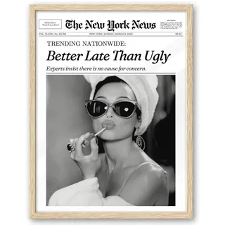 URYVAIW Leinwandbild "Better Late Than Ugly", Schwarz-Weiß New York Zeitung Design, 20×30cm Ungerahmt Wandbild für Wohnzimmer Deko