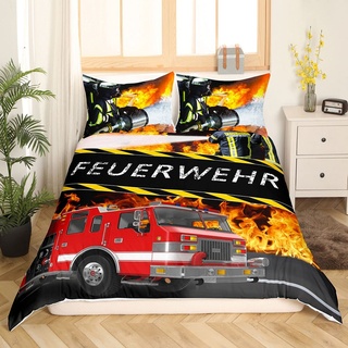 Loussiesd Feuerwehr Themen Bettw?sche-Set,Feuerwehrwagen Bettw?sche 135x200cmfür Jungen Kinder Jugendliche Zimmer Dekorativ Fahrzeug-Auto-Bettbezug-Set,Coole Feuerwehrm?nner Bettw?sche
